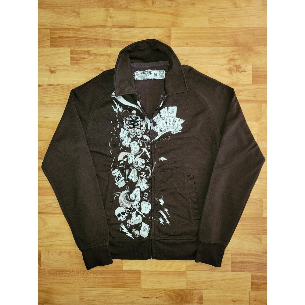 Y2K Zoo York Skater Skulls Graphic, Brown Zip-up Longsleeve Track Jacket, Medium